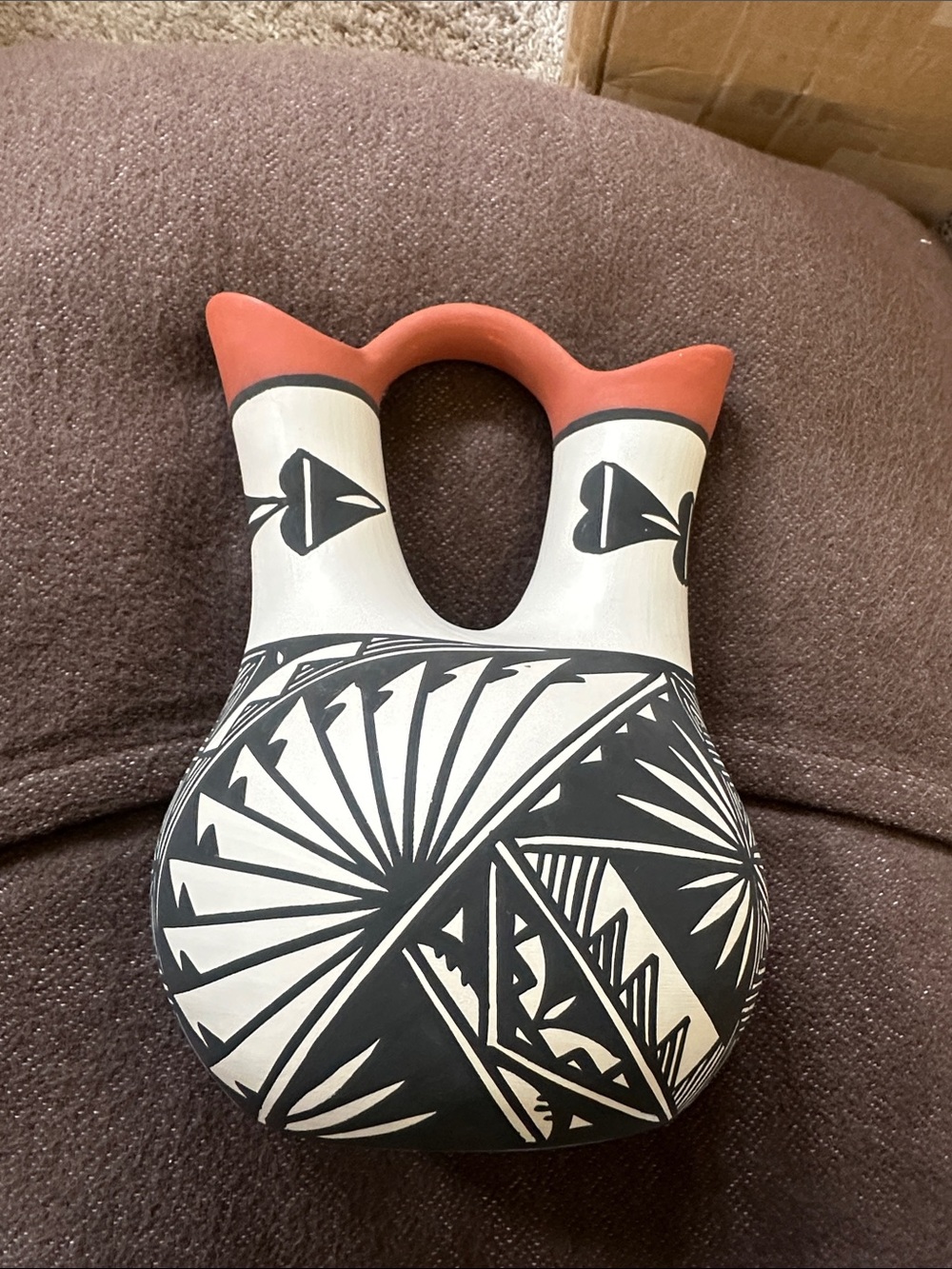 Handcrafted Black & White Pueblo Double-Spout Pottery with Terracotta Rim